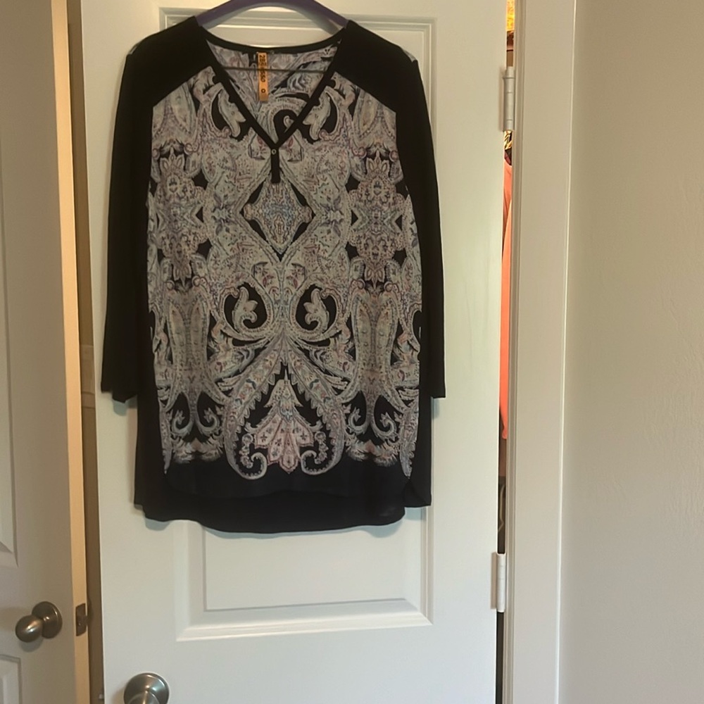 Print and navy blouse